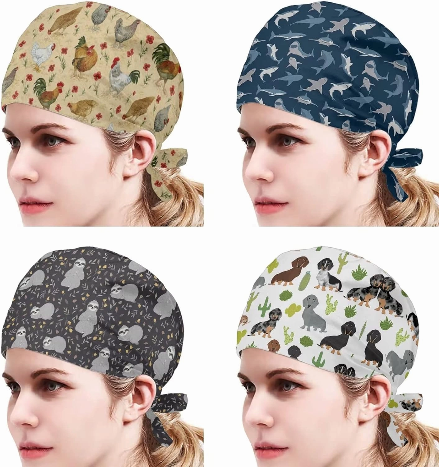 Babrukda 4 Pack Cap with Sweatband Adjustable Tie Back Hat Headgear Xmas Beanie