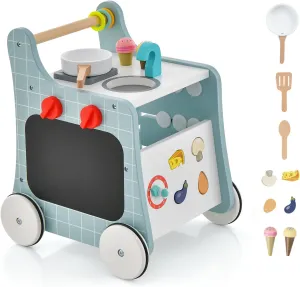 BABY JOY 6 in 1 Wooden Baby Walker, Toddler Pretend Play Kitchen Playset, Push and Pull Sit-to-Stand Learning Walker Activity Center, Montessori Educational Toy, Push Walker for Boys Girls