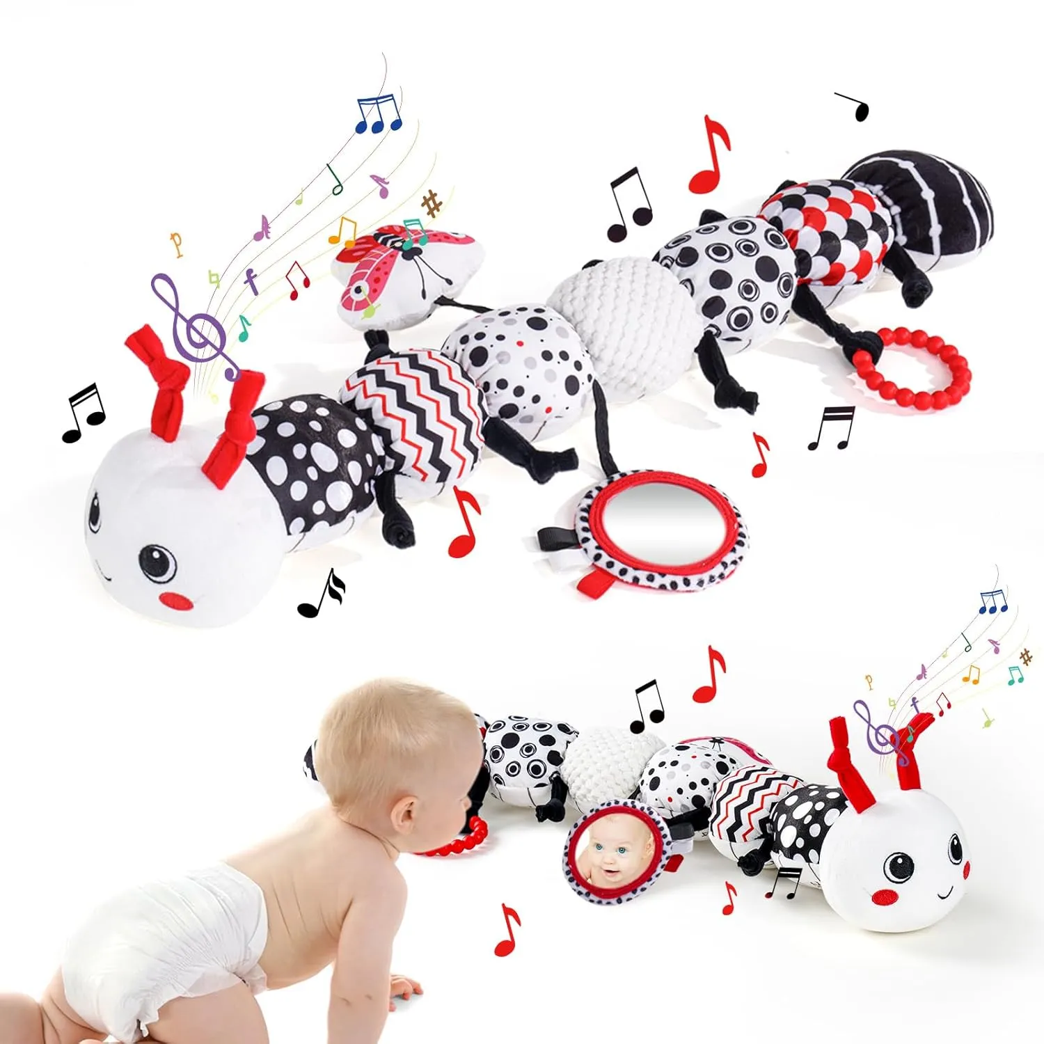 Baby Toys for 0-6 Months, Sensory Music Animal Stuffed Caterpillar Toy,Black and White High Contrast Toy with Crinkle Rattles for Infant Newborn, Tummy Time Toys Gifts for 0 3 6-12 Month