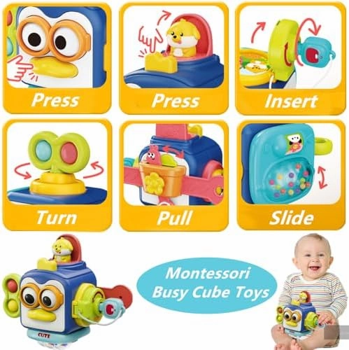 Baby Toys 6-12 Months, Montessori Toys for Toddlers 1-3 Year Old, Busy Cube Teether Infants Bath Toys 6 in 1 Stacking Blocks Rings, Suction Cup Spinner Toy, Shape Bin Sensory Toys. (0035)
