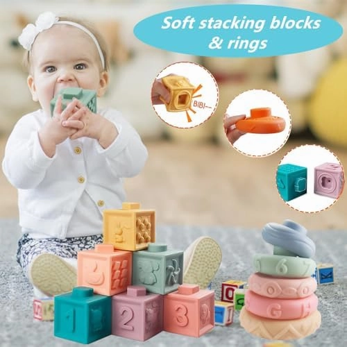 Baby Toys 6-12 Months, Montessori Toys for Toddlers 1-3 Year Old, Busy Cube Teether Infants Bath Toys 6 in 1 Stacking Blocks Rings, Suction Cup Spinner Toy, Shape Bin Sensory Toys. (0035)