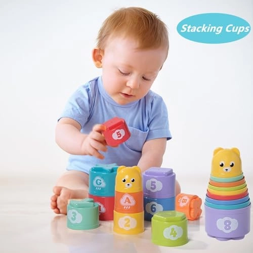 Baby Toys 6-12 Months, Montessori Toys for Toddlers 1-3 Year Old, Busy Cube Teether Infants Bath Toys 6 in 1 Stacking Blocks Rings, Suction Cup Spinner Toy, Shape Bin Sensory Toys. (0035)