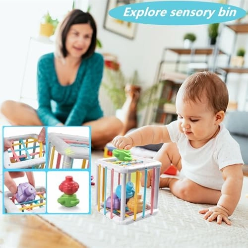 Baby Toys 6-12 Months, Montessori Toys for Toddlers 1-3 Year Old, Busy Cube Teether Infants Bath Toys 6 in 1 Stacking Blocks Rings, Suction Cup Spinner Toy, Shape Bin Sensory Toys. (0035)