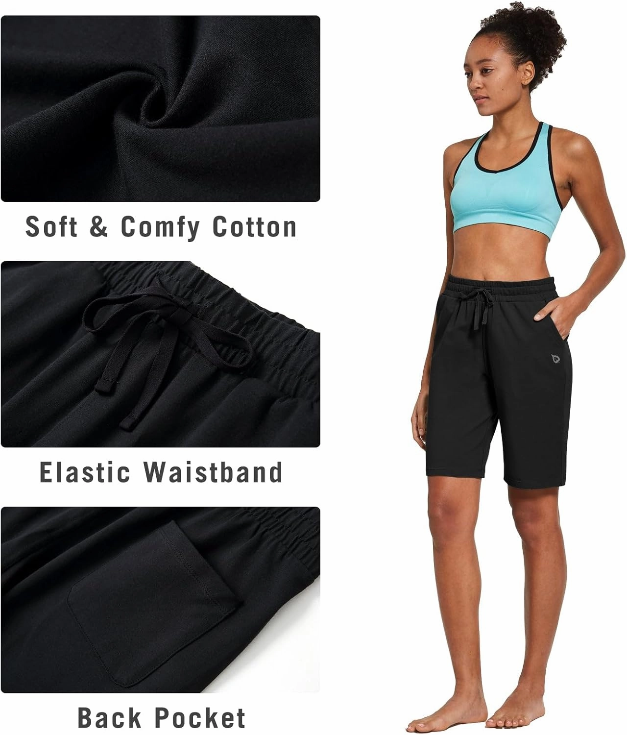 baleaf Women's Cotton Bermuda Long Shorts 10" Knee Length Loose Drawstring Waist Sweat Shorts with Pockets Casual Summer