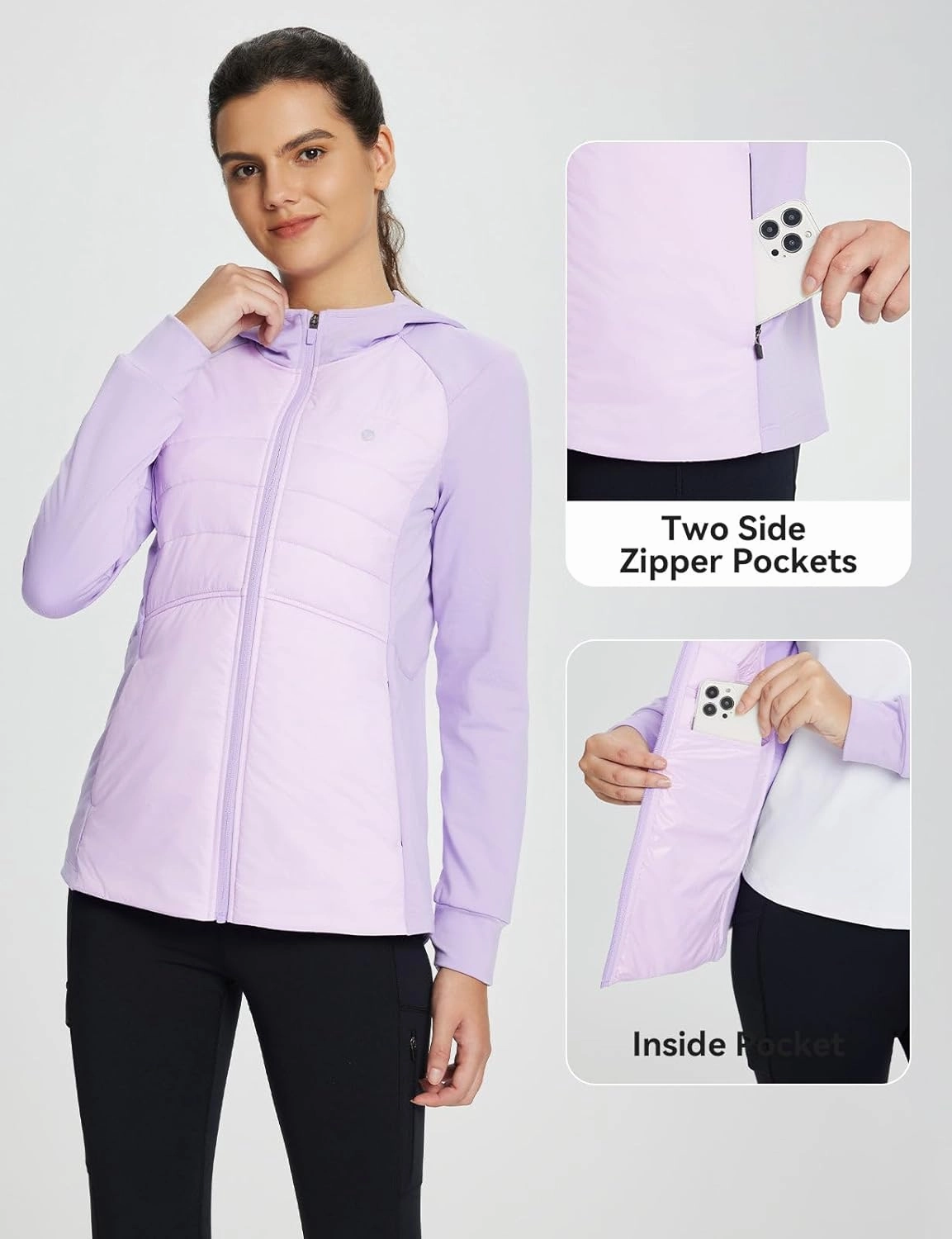 baleaf Women's Running Winter Jacket with Hood Warm Lightweight Insulated Hybrid Jackets Puffer Zip Pockets Hiking Skiing