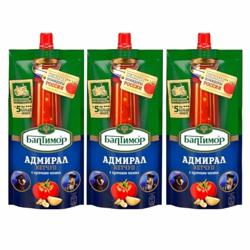 BALTIMORE Admiral Ketchup with Garlic Chunks - Organic Ketchup Blend with Rich Tomato Flavor and Savory Garlic - Healthy Ketchup Ideal for Burgers, Dipping Sauces & Side Dishes - 260gr/each -3 Pack