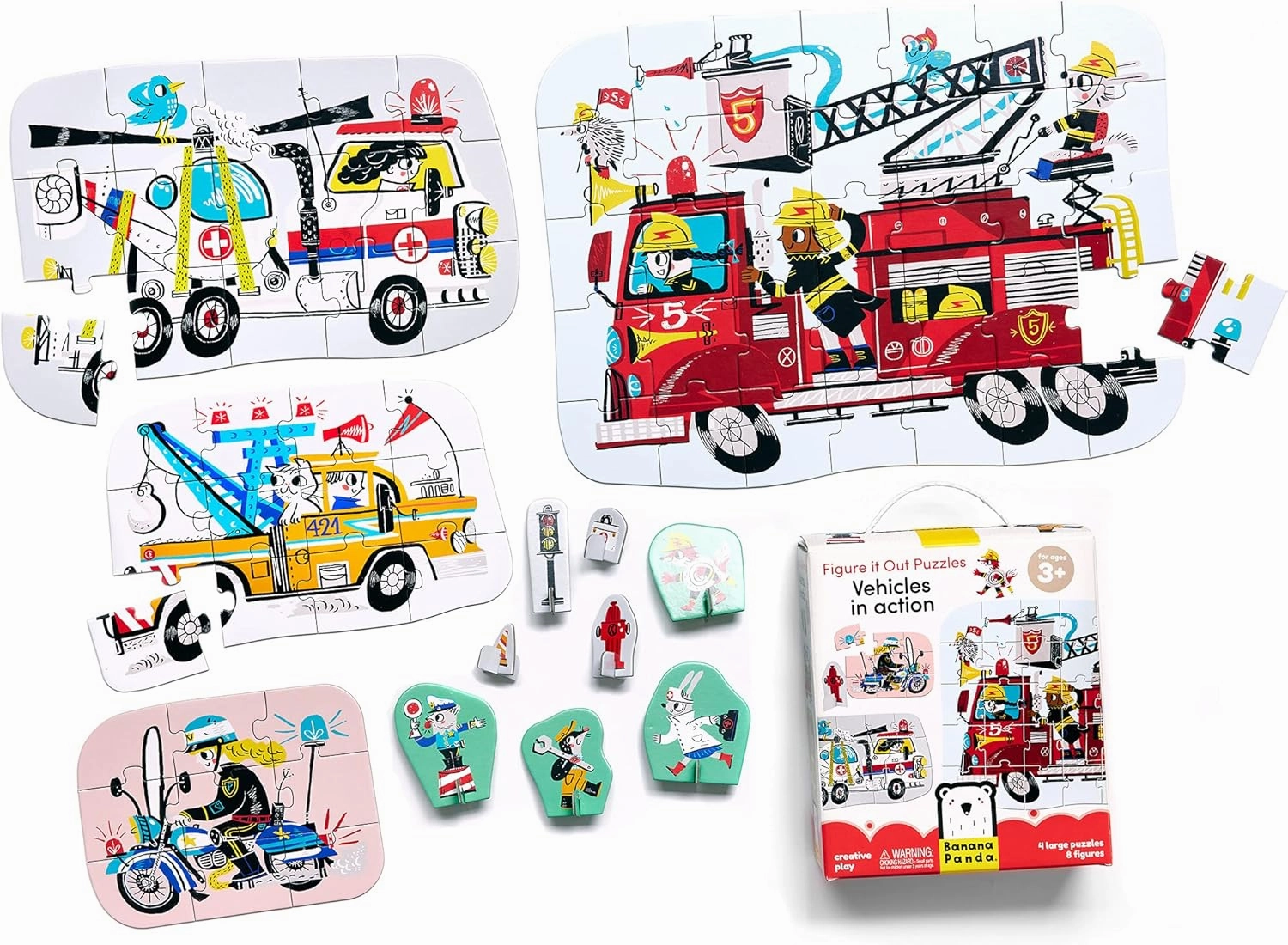 Banana Panda Figure It Out Puzzle - Vehicles in Action - Progressive Puzzle Set with Play Figures for Kids Ages 3 Years & Up, Multicolor