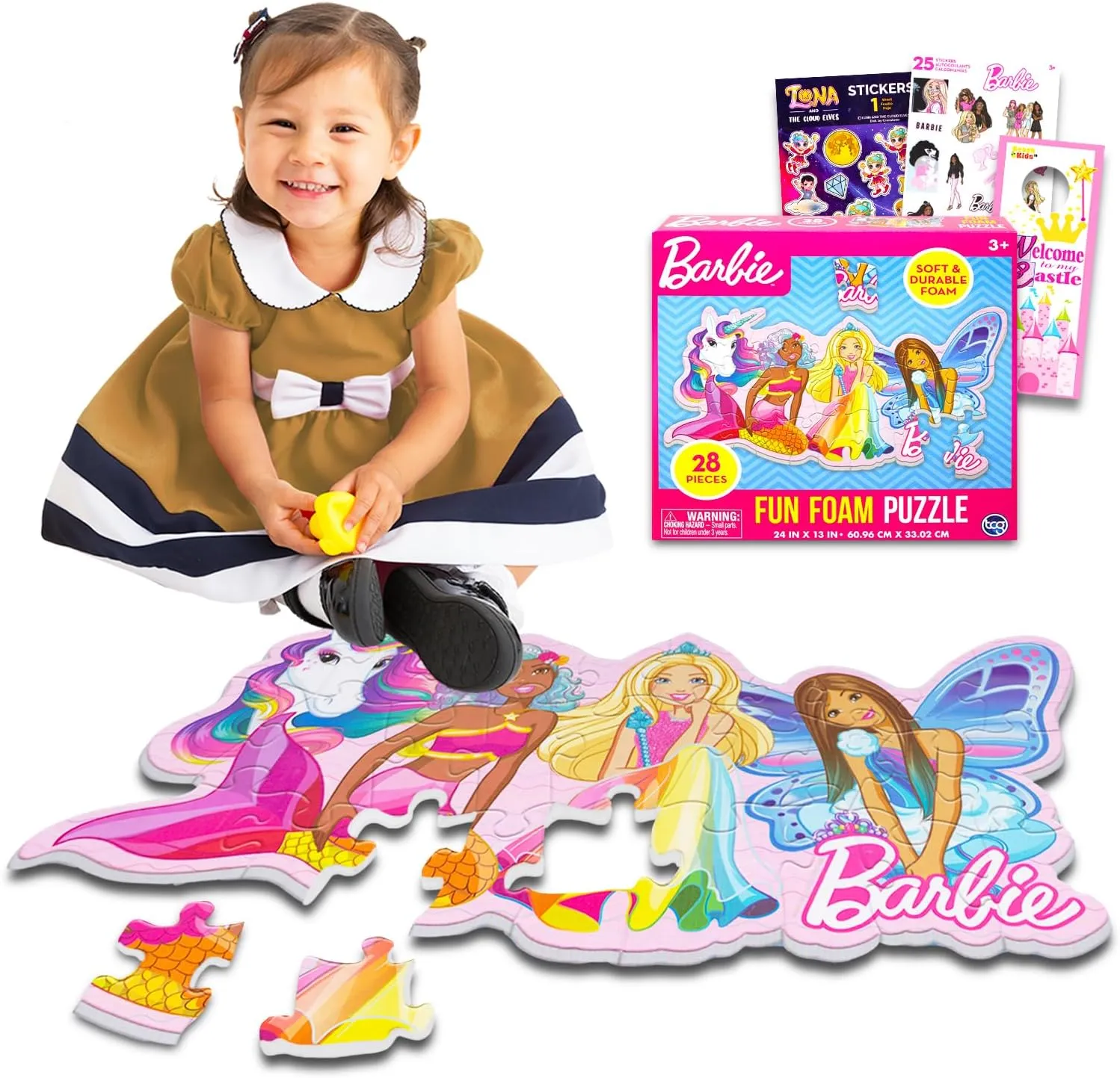 Barbie Floor Puzzle for Girls - Bundle With 28 Pc Friends Foam Puzzle Plus Stickers | Toys and Games for Toddlers, Kids