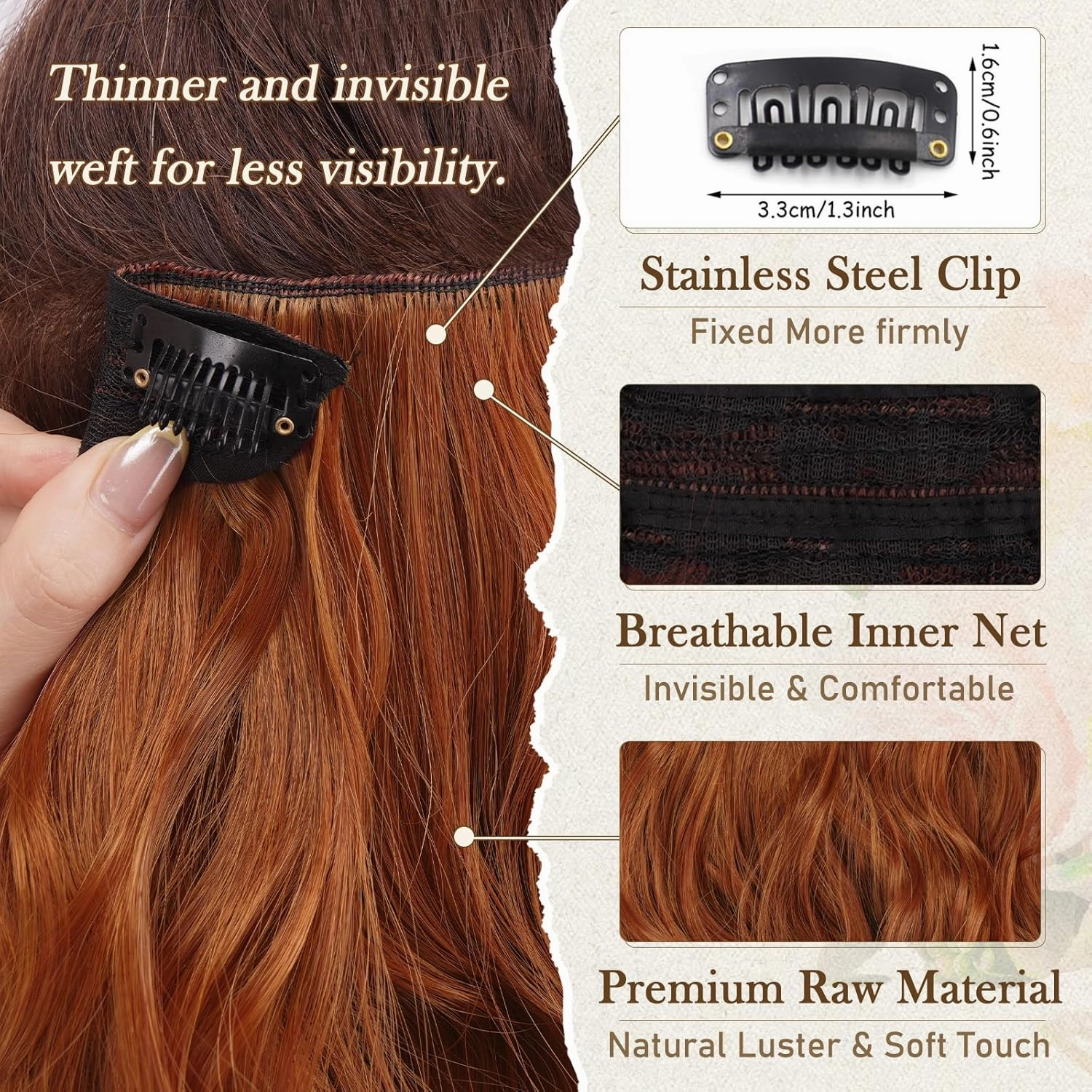 BARSDAR Copper Red Clip in Hair Extensions - 12 Inch Short Wavy Copper Red Clip in Hair Extensions for Women - 6PCs Full Head Thick Soft Synthetic Auburn Hairpieces Daily Party