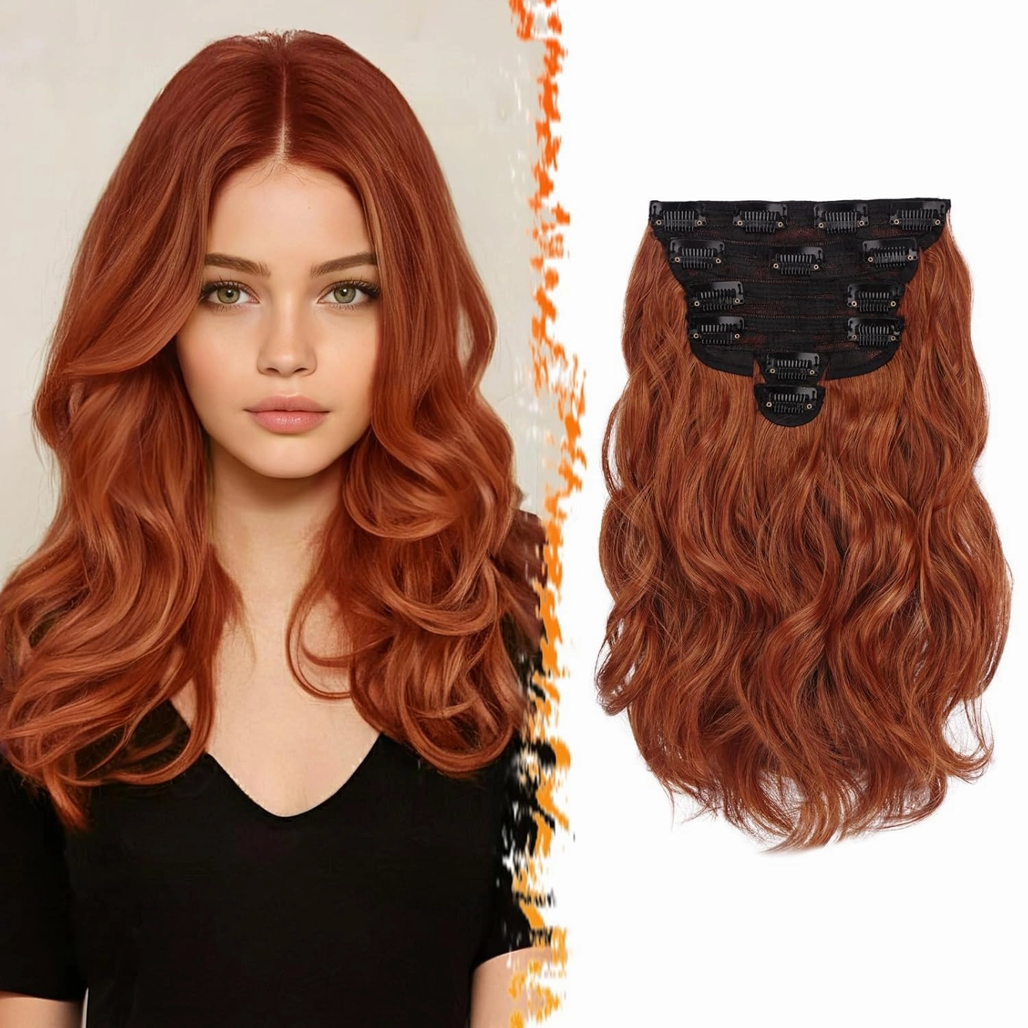 BARSDAR Copper Red Clip in Hair Extensions - 12 Inch Short Wavy Copper Red Clip in Hair Extensions for Women - 6PCs Full Head Thick Soft Synthetic Auburn Hairpieces Daily Party