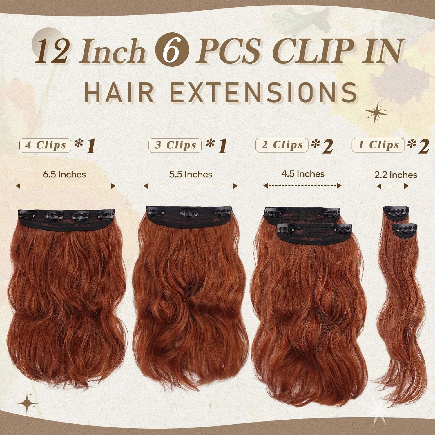 BARSDAR Copper Red Clip in Hair Extensions - 12 Inch Short Wavy Copper Red Clip in Hair Extensions for Women - 6PCs Full Head Thick Soft Synthetic Auburn Hairpieces Daily Party
