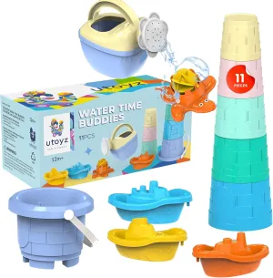 Bath Toys Set for Kids 11 Pcs | Includes Watering Can, Boats, Toy Animals, Stacking Cups & Buckets for Baby Boys & Girls | Water Bathtub Indoor Games for Toddlers | Kids Ages 1 