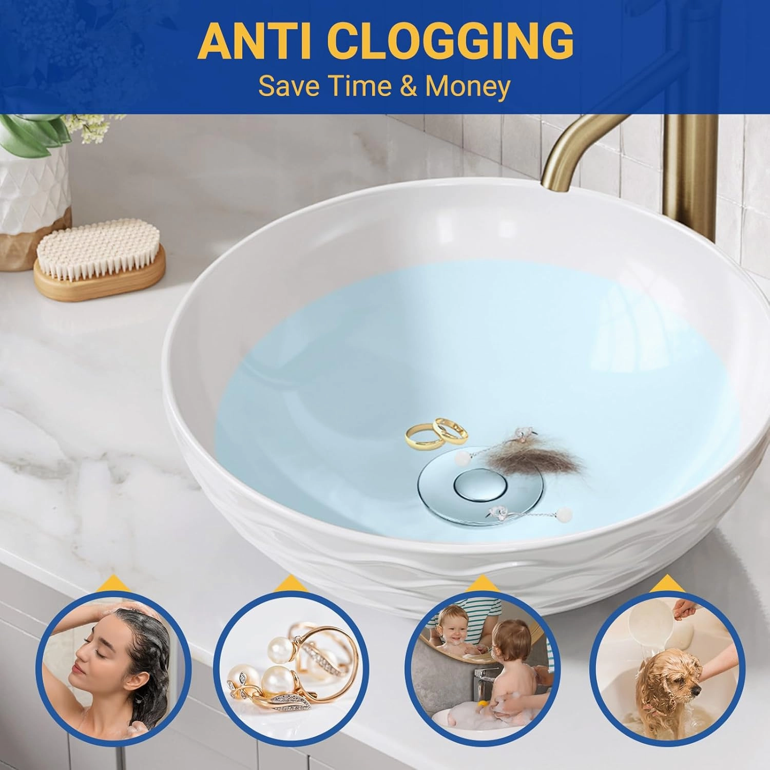 Bathroom Sink Drain Strainer, Pop-Up Bathroom Sink Stopper with Removable Stainless Steel Hair Catcher Basket, Universal Fit for US Bathroom Sinks, Bathtubs, Showers & Floor Drains (4 Pack)