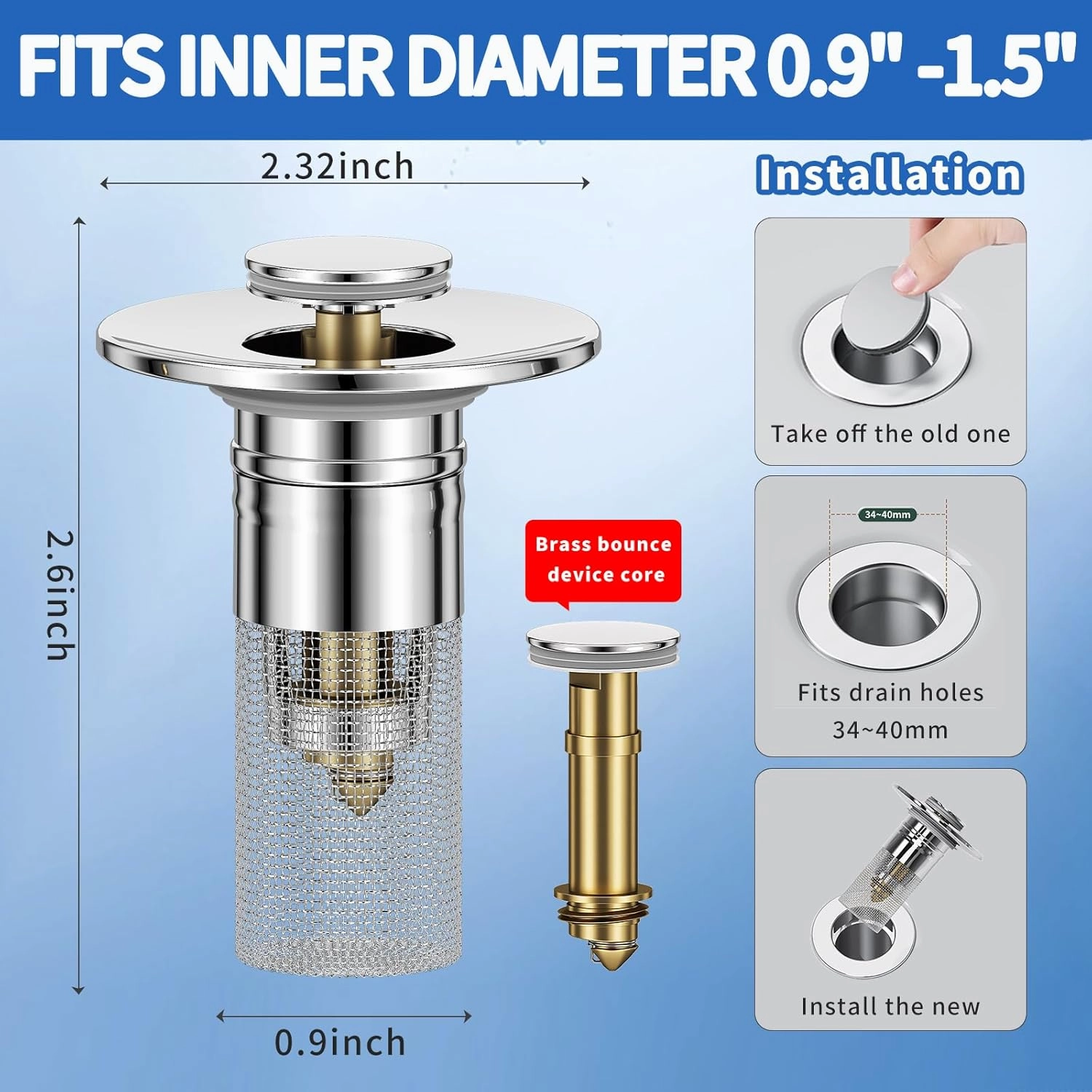 Bathroom Sink Drain Strainer, Pop-Up Bathroom Sink Stopper with Removable Stainless Steel Hair Catcher Basket, Universal Fit for US Bathroom Sinks, Bathtubs, Showers & Floor Drains (4 Pack)