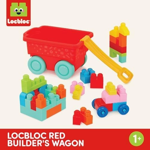 Battat – Building Blocks – 47Pc Brick Set – Colorful & Chunky Bricks – Unique Wheel Bricks – 12 Months   – Locbloc Red Builder's Wagon