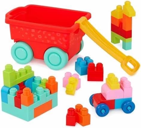 Battat – Building Blocks – 47Pc Brick Set – Colorful & Chunky Bricks – Unique Wheel Bricks – 12 Months   – Locbloc Red Builder's Wagon