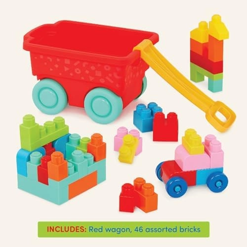Battat – Building Blocks – 47Pc Brick Set – Colorful & Chunky Bricks – Unique Wheel Bricks – 12 Months   – Locbloc Red Builder's Wagon