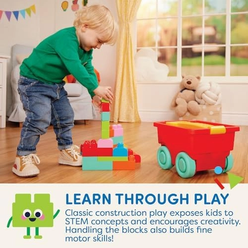 Battat – Building Blocks – 47Pc Brick Set – Colorful & Chunky Bricks – Unique Wheel Bricks – 12 Months   – Locbloc Red Builder's Wagon