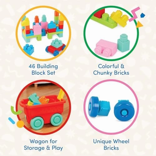 Battat – Building Blocks – 47Pc Brick Set – Colorful & Chunky Bricks – Unique Wheel Bricks – 12 Months   – Locbloc Red Builder's Wagon