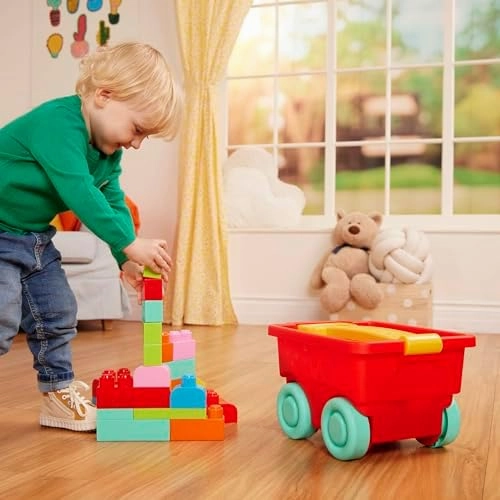 Battat – Building Blocks – 47Pc Brick Set – Colorful & Chunky Bricks – Unique Wheel Bricks – 12 Months   – Locbloc Red Builder's Wagon