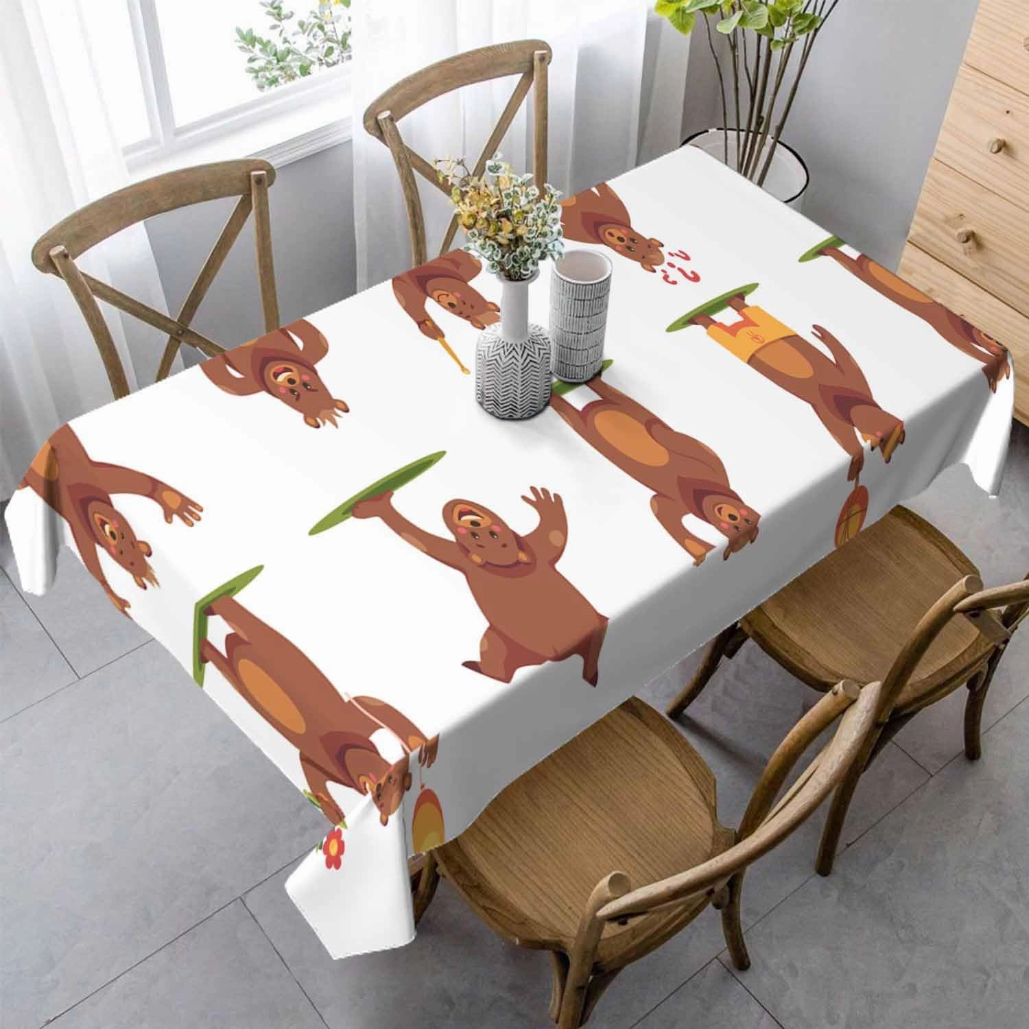 Bear Grizzly Birthday Tablecloth 60x84 Inch Rectangle Table Cloth Funny Adorable Cute Cartoon Comic Zoo Animal Poses Kitchen Table Cover Deco for Home Dinner Party