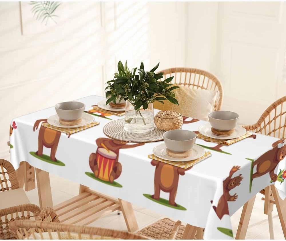 Bear Grizzly Birthday Tablecloth 60x84 Inch Rectangle Table Cloth Funny Adorable Cute Cartoon Comic Zoo Animal Poses Kitchen Table Cover Deco for Home Dinner Party