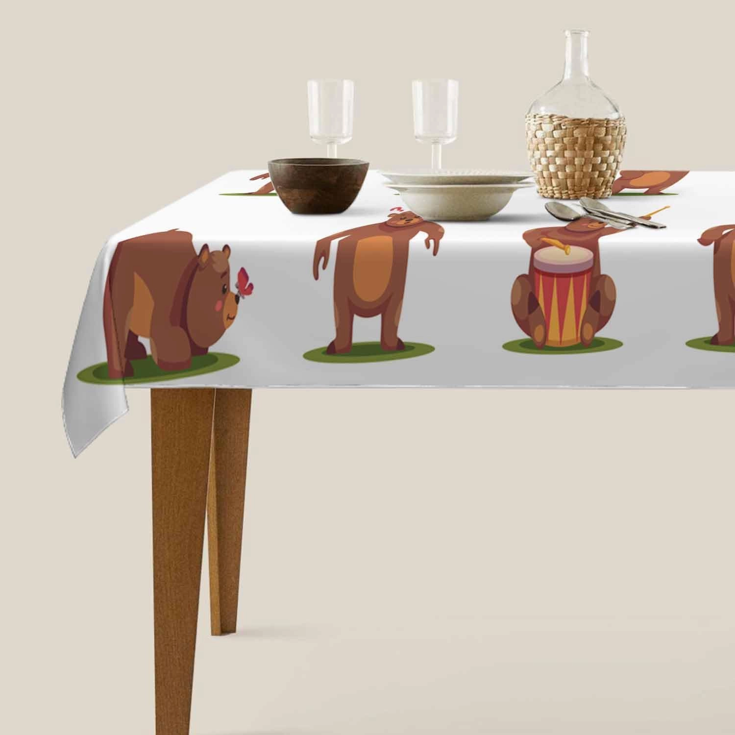 Bear Grizzly Birthday Tablecloth 60x84 Inch Rectangle Table Cloth Funny Adorable Cute Cartoon Comic Zoo Animal Poses Kitchen Table Cover Deco for Home Dinner Party