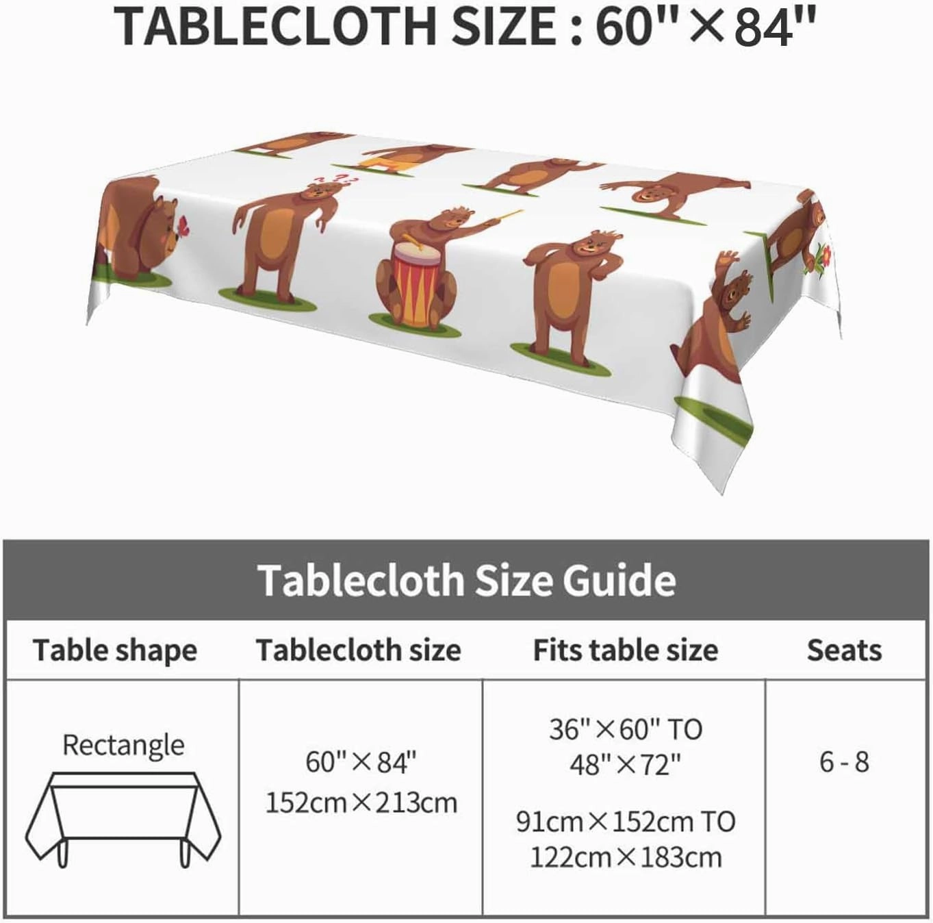 Bear Grizzly Birthday Tablecloth 60x84 Inch Rectangle Table Cloth Funny Adorable Cute Cartoon Comic Zoo Animal Poses Kitchen Table Cover Deco for Home Dinner Party