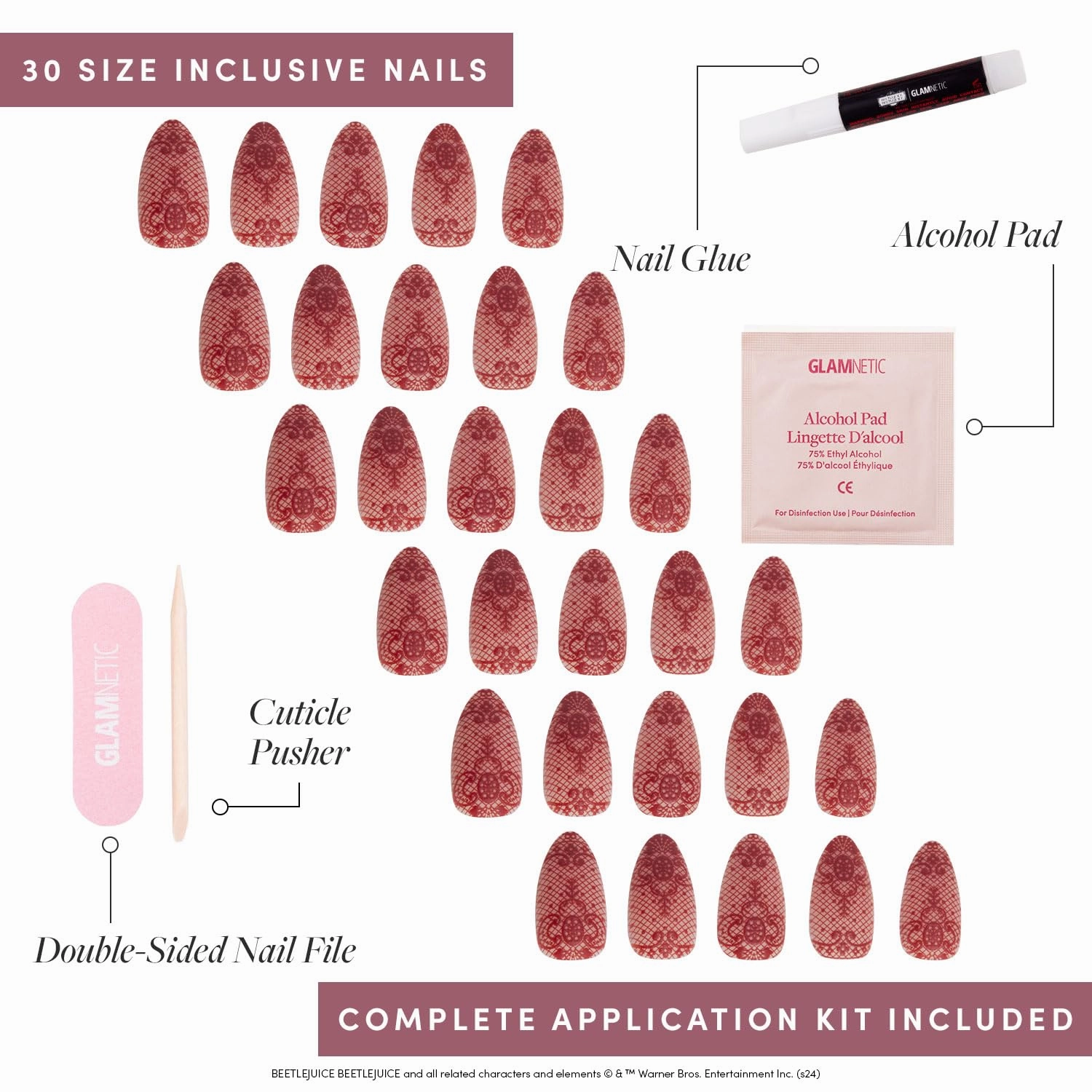 Beetlejuice Beetlejuice™ x Glamnetic Press On Nails - Lydia™ | Red Lace 3D Effect Matte Short Almond False Nails, Reusable Stick On Fake Nails with Glue | Salon Quality | 15 Sizes - 30 Nail Kit