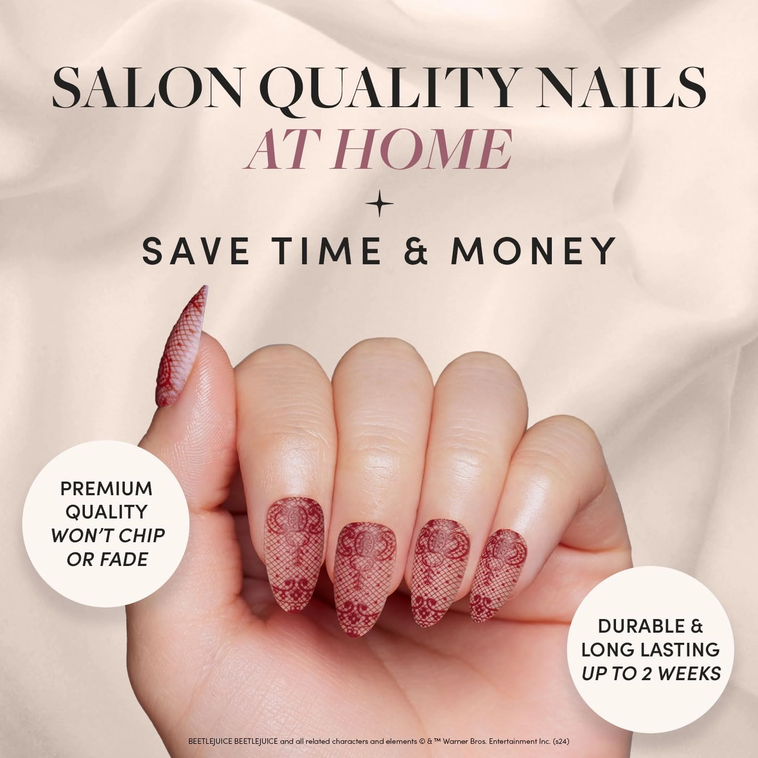 Beetlejuice Beetlejuice™ x Glamnetic Press On Nails - Lydia™ | Red Lace 3D Effect Matte Short Almond False Nails, Reusable Stick On Fake Nails with Glue | Salon Quality | 15 Sizes - 30 Nail Kit