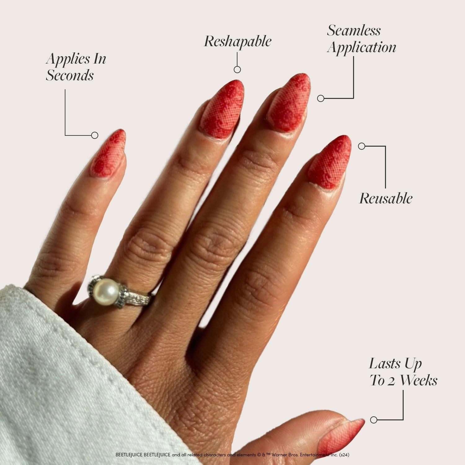 Beetlejuice Beetlejuice™ x Glamnetic Press On Nails - Lydia™ | Red Lace 3D Effect Matte Short Almond False Nails, Reusable Stick On Fake Nails with Glue | Salon Quality | 15 Sizes - 30 Nail Kit
