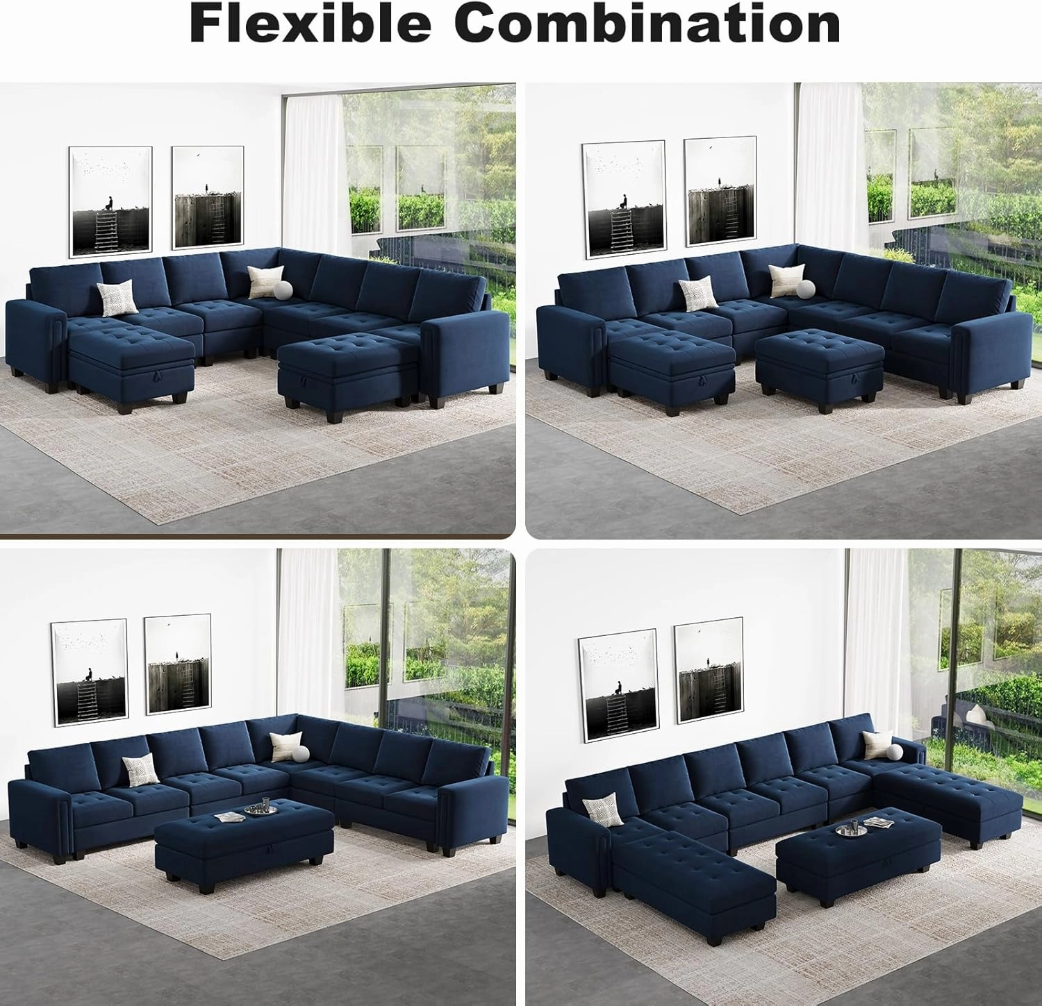 Belffin Modular Sectional Sofa U Shaped Sectional Couch with Storage Ottoman Velvet 9-Seater Convertible Sectional Sofa with Chaises Blue