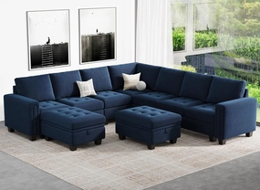 Belffin Modular Sectional Sofa U Shaped Sectional Couch with Storage Ottoman Velvet 9-Seater Convertible Sectional Sofa with Chaises Blue
