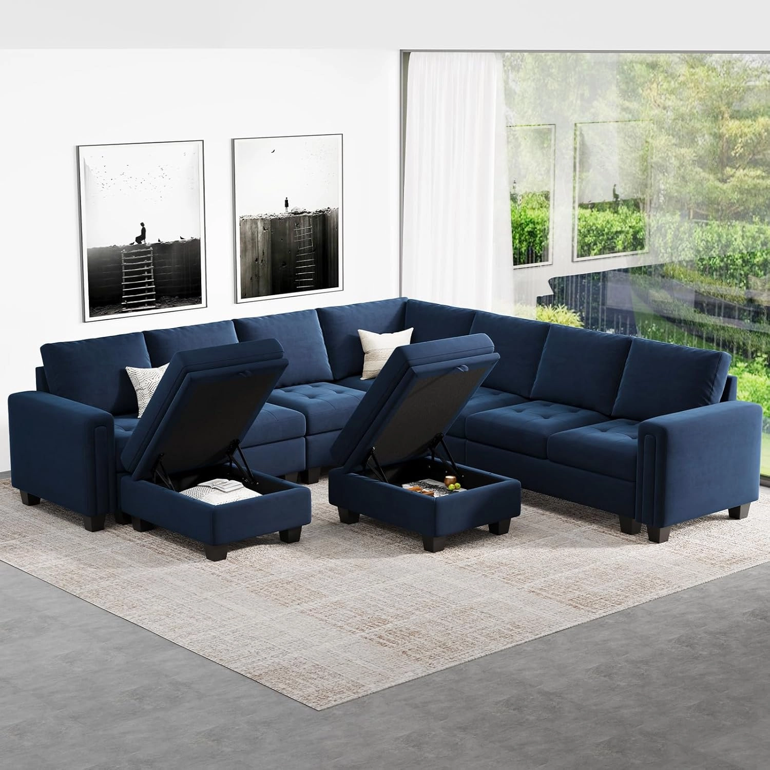 Belffin Modular Sectional Sofa U Shaped Sectional Couch with Storage Ottoman Velvet 9-Seater Convertible Sectional Sofa with Chaises Blue