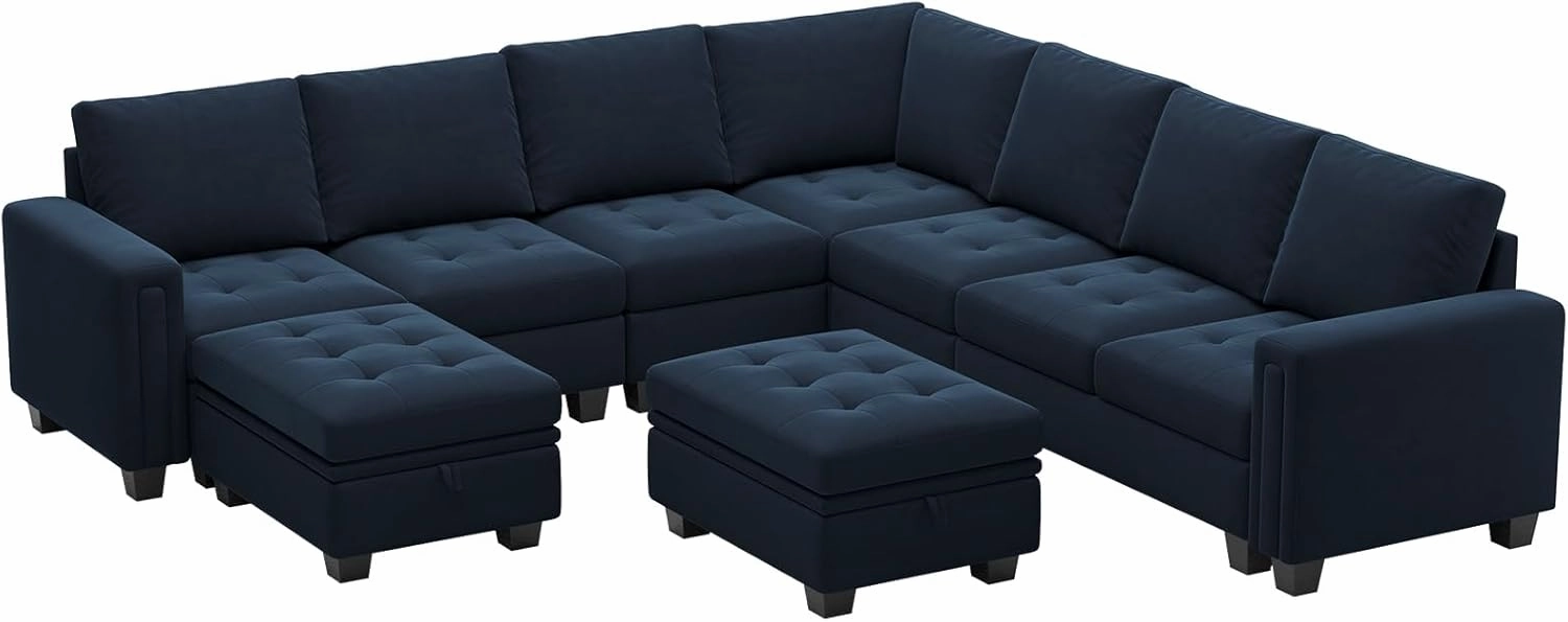 Belffin Modular Sectional Sofa U Shaped Sectional Couch with Storage Ottoman Velvet 9-Seater Convertible Sectional Sofa with Chaises Blue