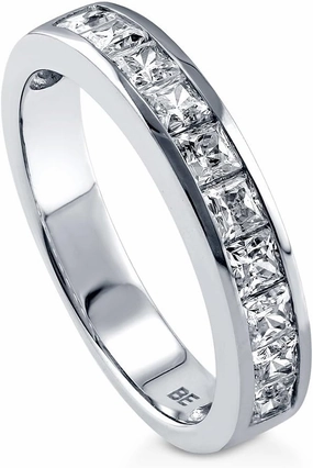 BERRICLE Sterling Silver Wedding Rings Channel Set Princess Cut Cubic Zirconia CZ Anniversary Half Eternity Ring for Women, Rhodium Plated