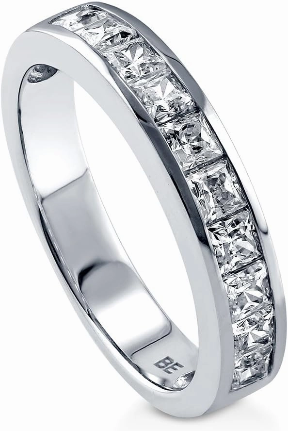 BERRICLE Sterling Silver Wedding Rings Channel Set Princess Cut Cubic Zirconia CZ Anniversary Half Eternity Ring for Women, Rhodium Plated