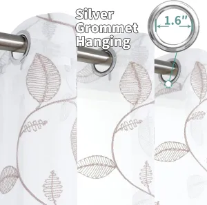 BGment Semi Sheer Curtains for Bedroom 63 inches Long, Embroidered Sheer Curtains with Brown Leaf Pattern Voile Drapes Light Filtering Grommet Privacy Short Window Treatment, 2 Panels, 52 Wide Inch