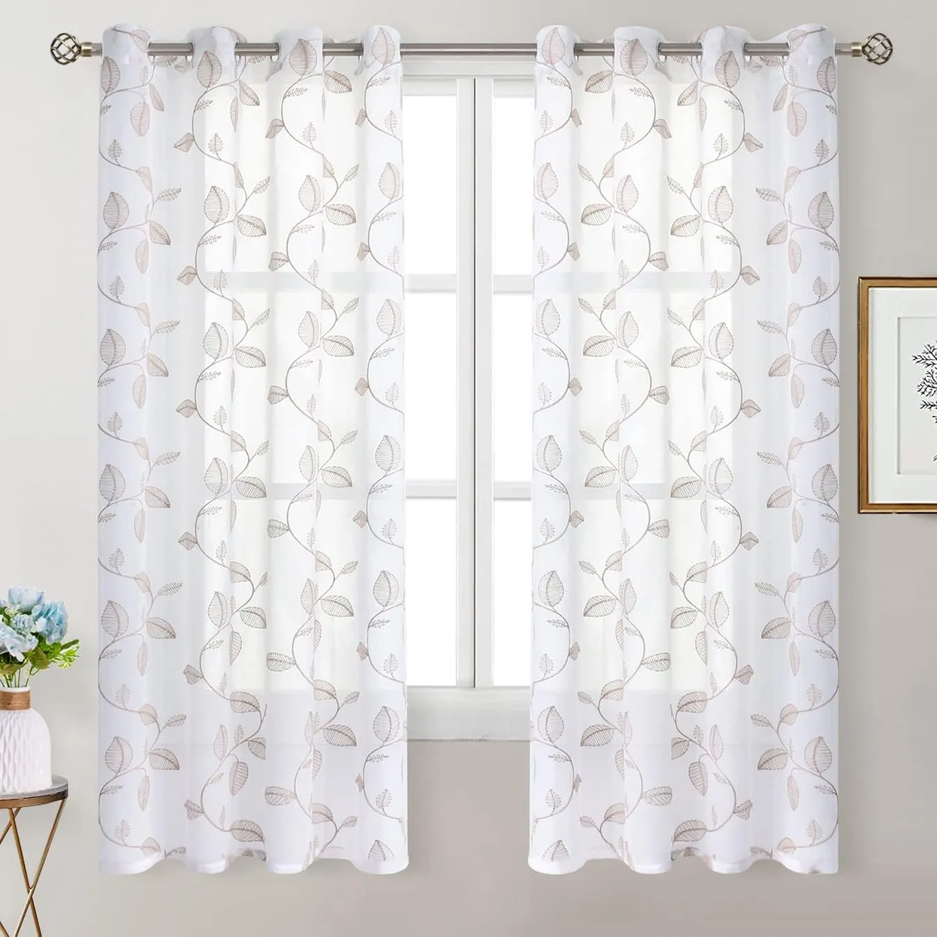 BGment Semi Sheer Curtains for Bedroom 63 inches Long, Embroidered Sheer Curtains with Brown Leaf Pattern Voile Drapes Light Filtering Grommet Privacy Short Window Treatment, 2 Panels, 52 Wide Inch