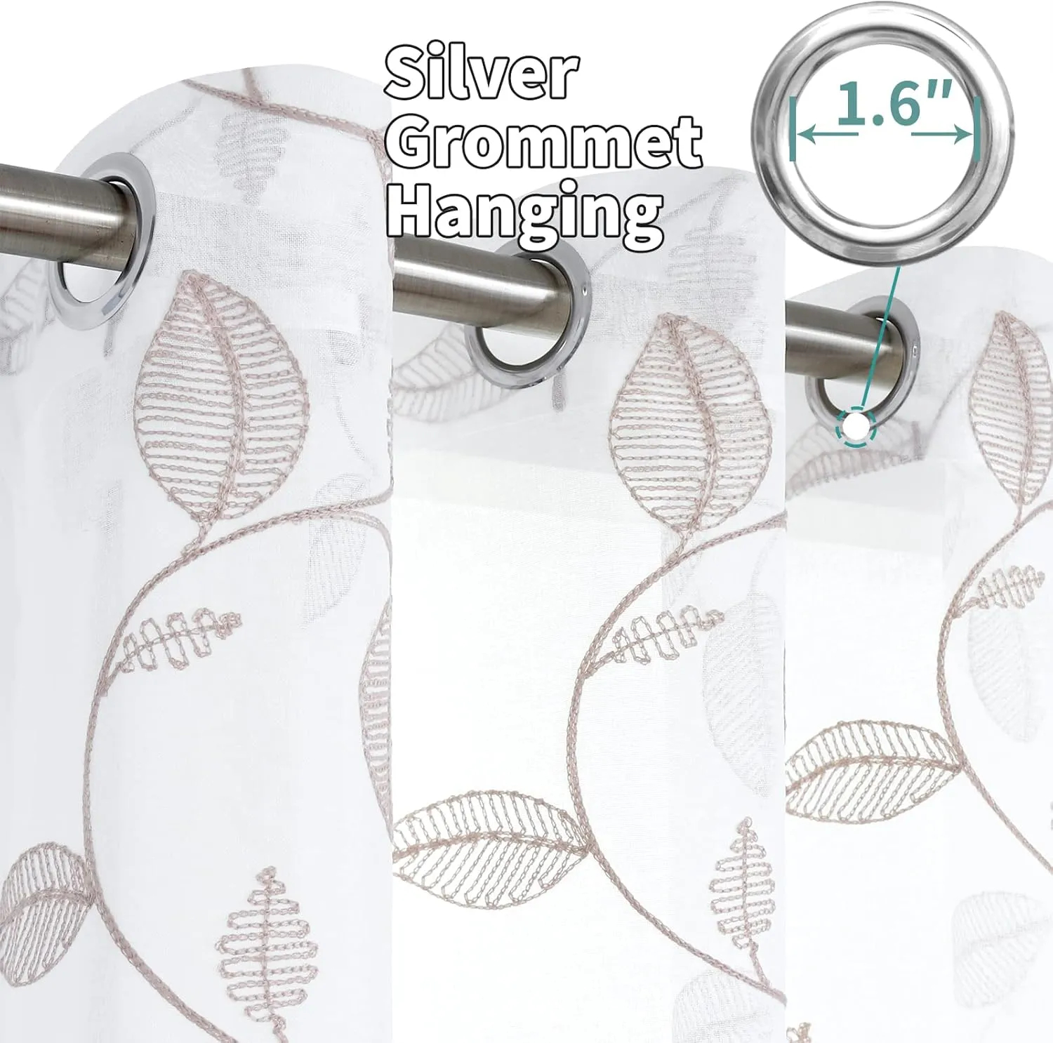 BGment Semi Sheer Curtains for Bedroom 63 inches Long, Embroidered Sheer Curtains with Brown Leaf Pattern Voile Drapes Light Filtering Grommet Privacy Short Window Treatment, 2 Panels, 52 Wide Inch
