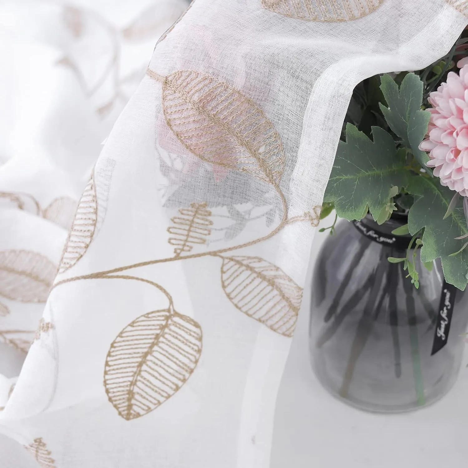 BGment Semi Sheer Curtains for Bedroom 63 inches Long, Embroidered Sheer Curtains with Brown Leaf Pattern Voile Drapes Light Filtering Grommet Privacy Short Window Treatment, 2 Panels, 52 Wide Inch