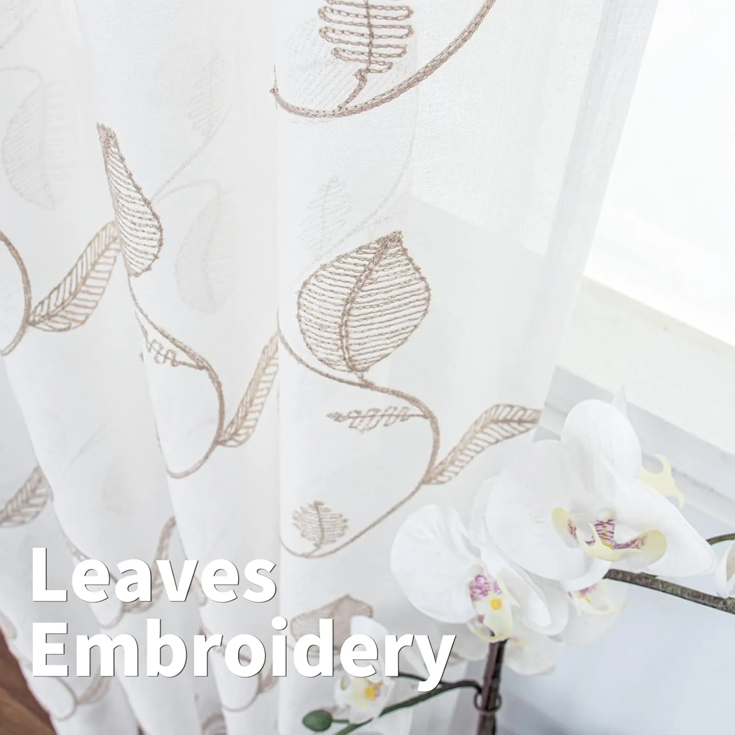 BGment Semi Sheer Curtains for Bedroom 63 inches Long, Embroidered Sheer Curtains with Brown Leaf Pattern Voile Drapes Light Filtering Grommet Privacy Short Window Treatment, 2 Panels, 52 Wide Inch