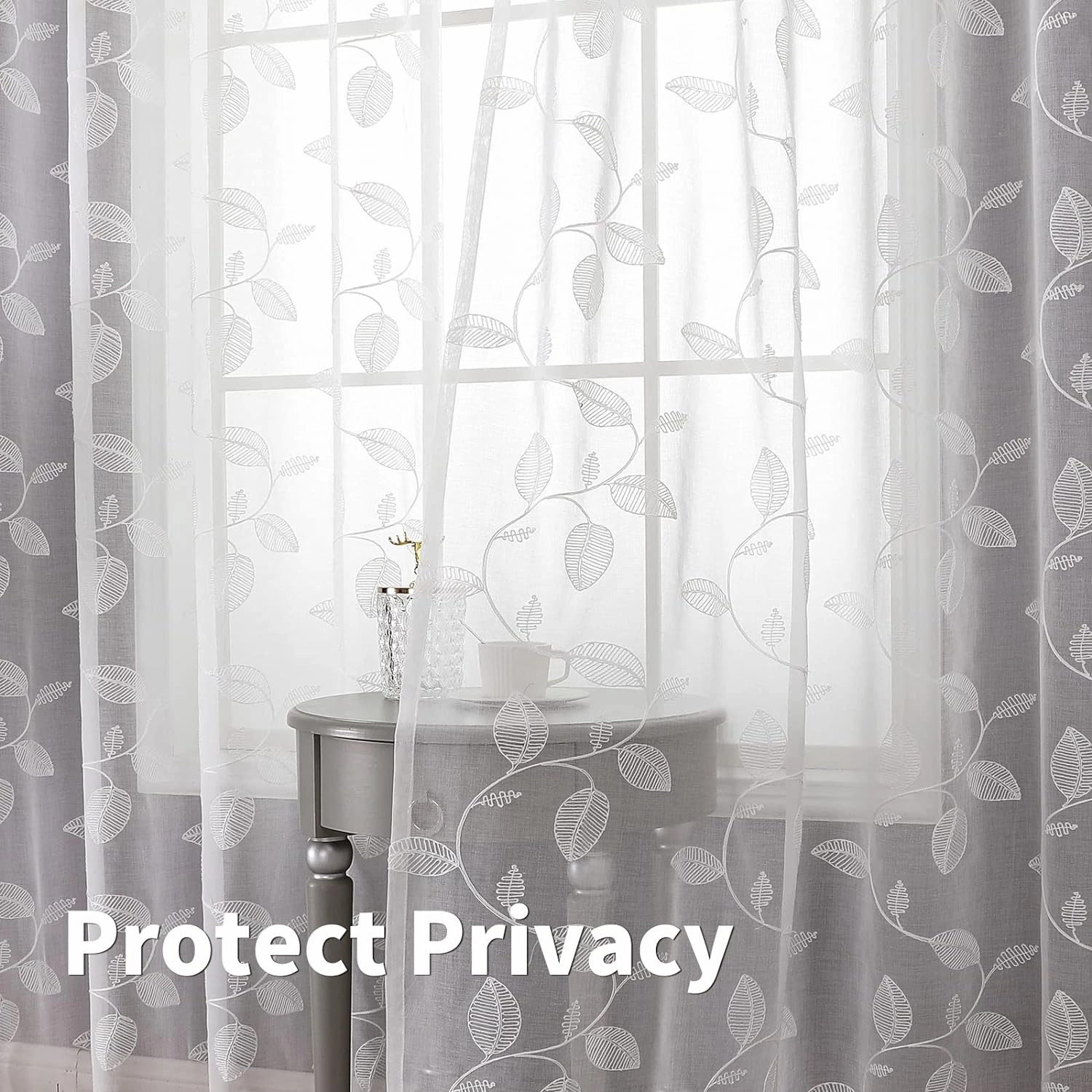 BGment Sheer Curtains 63 inches Length, Faux Linen Embroidered Leaf Pattern Semi Sheer Voile Drapes Light Filtering Grommet Privacy Window Treatment for Bedroom, 2 Panels, 42 x 63 Inch, White