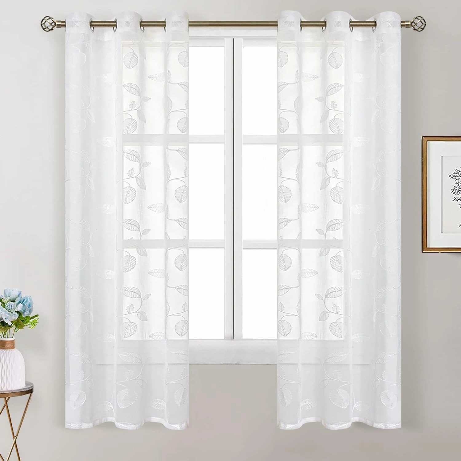 BGment Sheer Curtains 63 inches Length, Faux Linen Embroidered Leaf Pattern Semi Sheer Voile Drapes Light Filtering Grommet Privacy Window Treatment for Bedroom, 2 Panels, 42 x 63 Inch, White