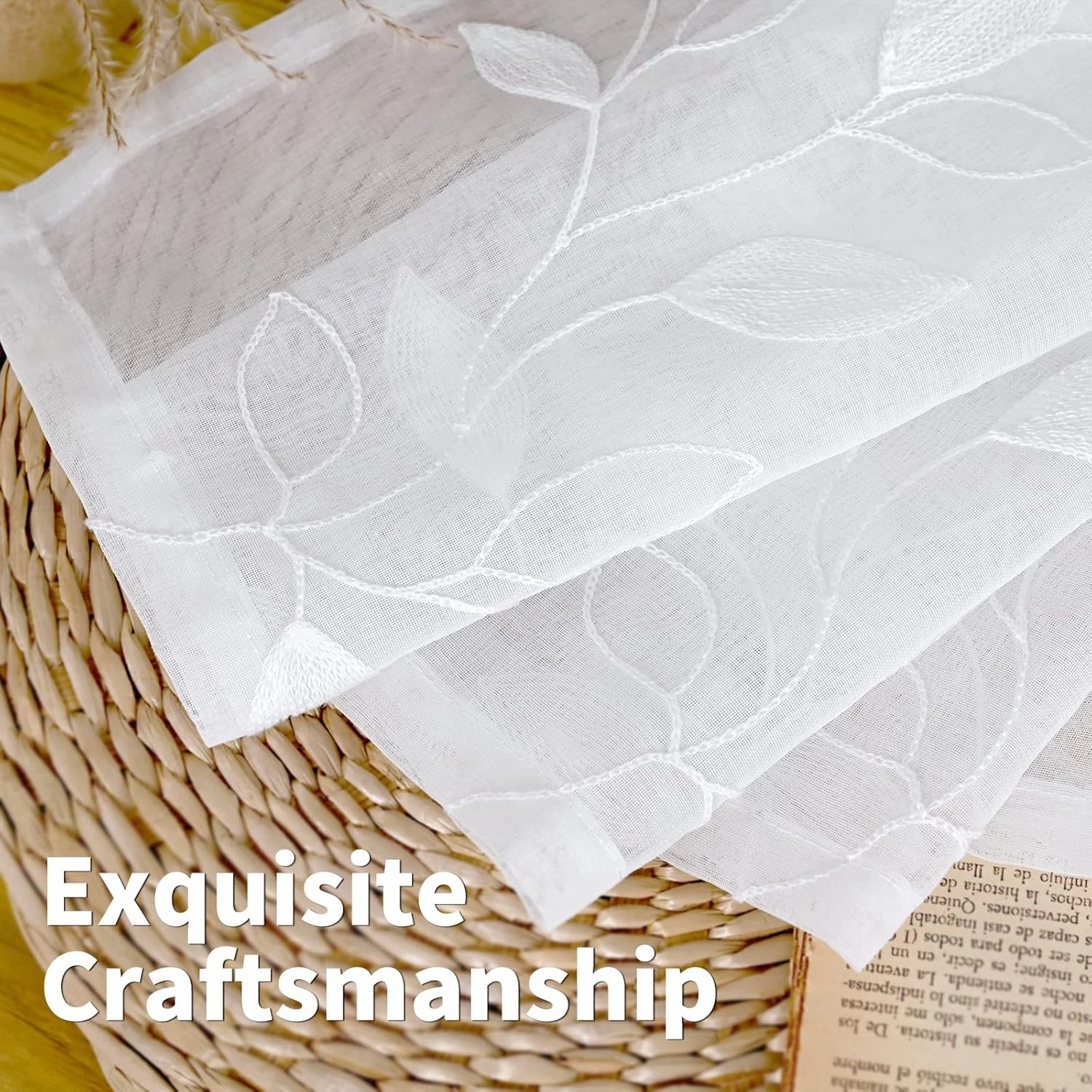 BGment White Sheer Curtains 84 inches Long - Embroidered Leaves Pattern Light Filtering Curtains for Living Room Grommet Thin Window Semi Sheer Voile Drapes, Each Panel 52 x 84 Inch