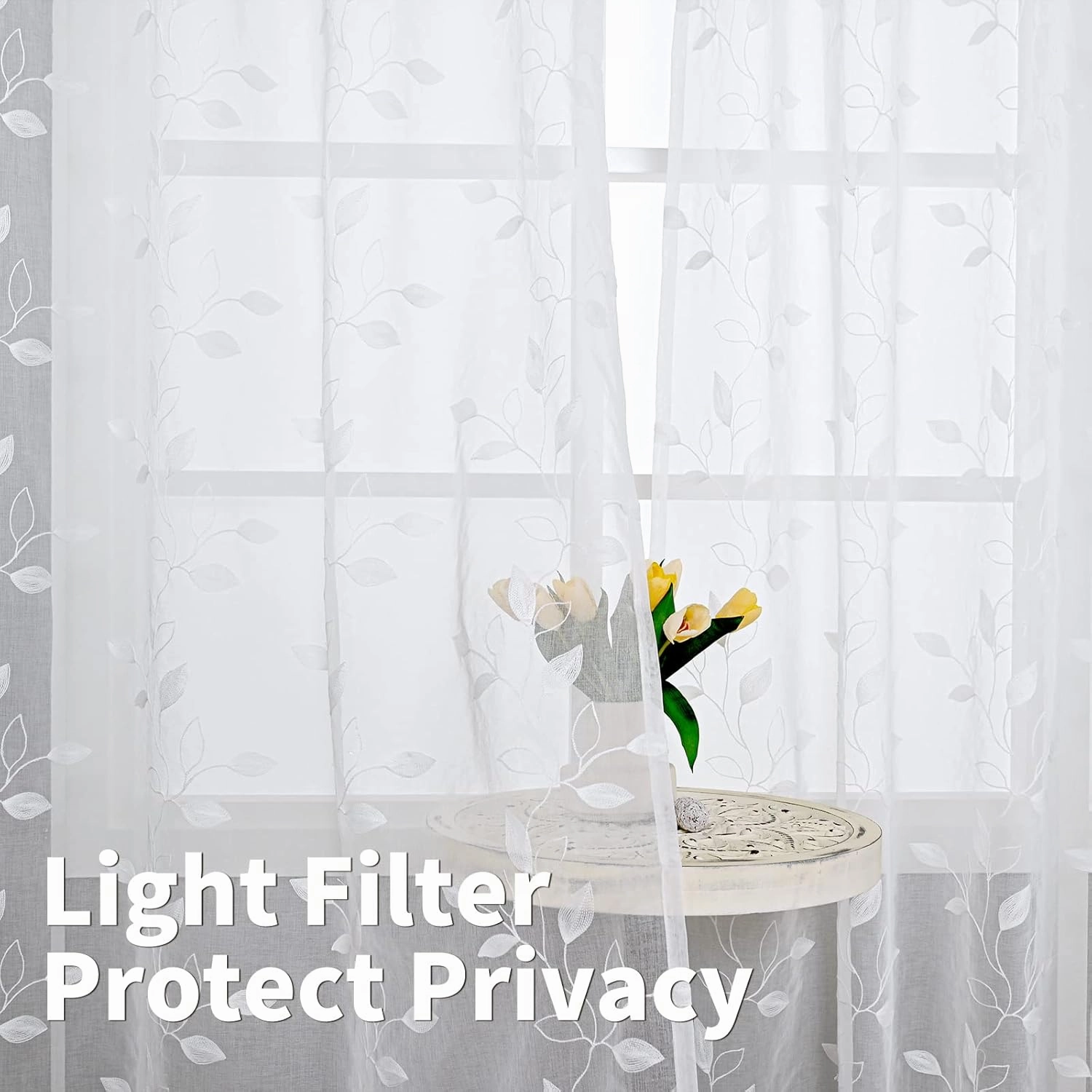 BGment White Sheer Curtains 84 inches Long - Embroidered Leaves Pattern Light Filtering Curtains for Living Room Grommet Thin Window Semi Sheer Voile Drapes, Each Panel 52 x 84 Inch