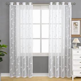 BGment White Sheer Curtains 84 inches Long - Embroidered Leaves Pattern Light Filtering Curtains for Living Room Grommet Thin Window Semi Sheer Voile Drapes, Each Panel 52 x 84 Inch