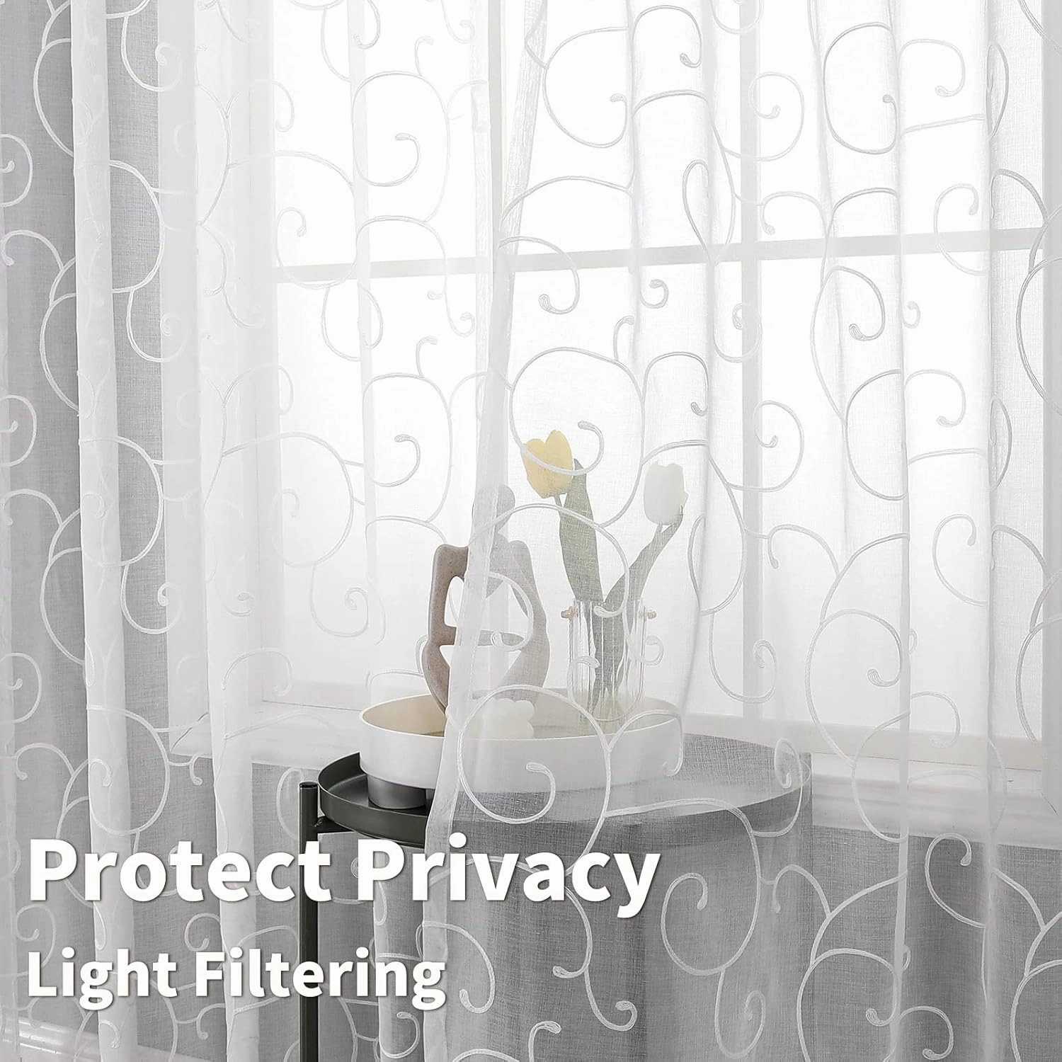 BGment White Sheer Curtains 84 inches Long for Living Room 2 Panels, Embroidered Vine Pattern Light Filtering Linen Textured Grommet Window Semi Sheer Voile Drapes, Each Panel 52 x 84 Inch