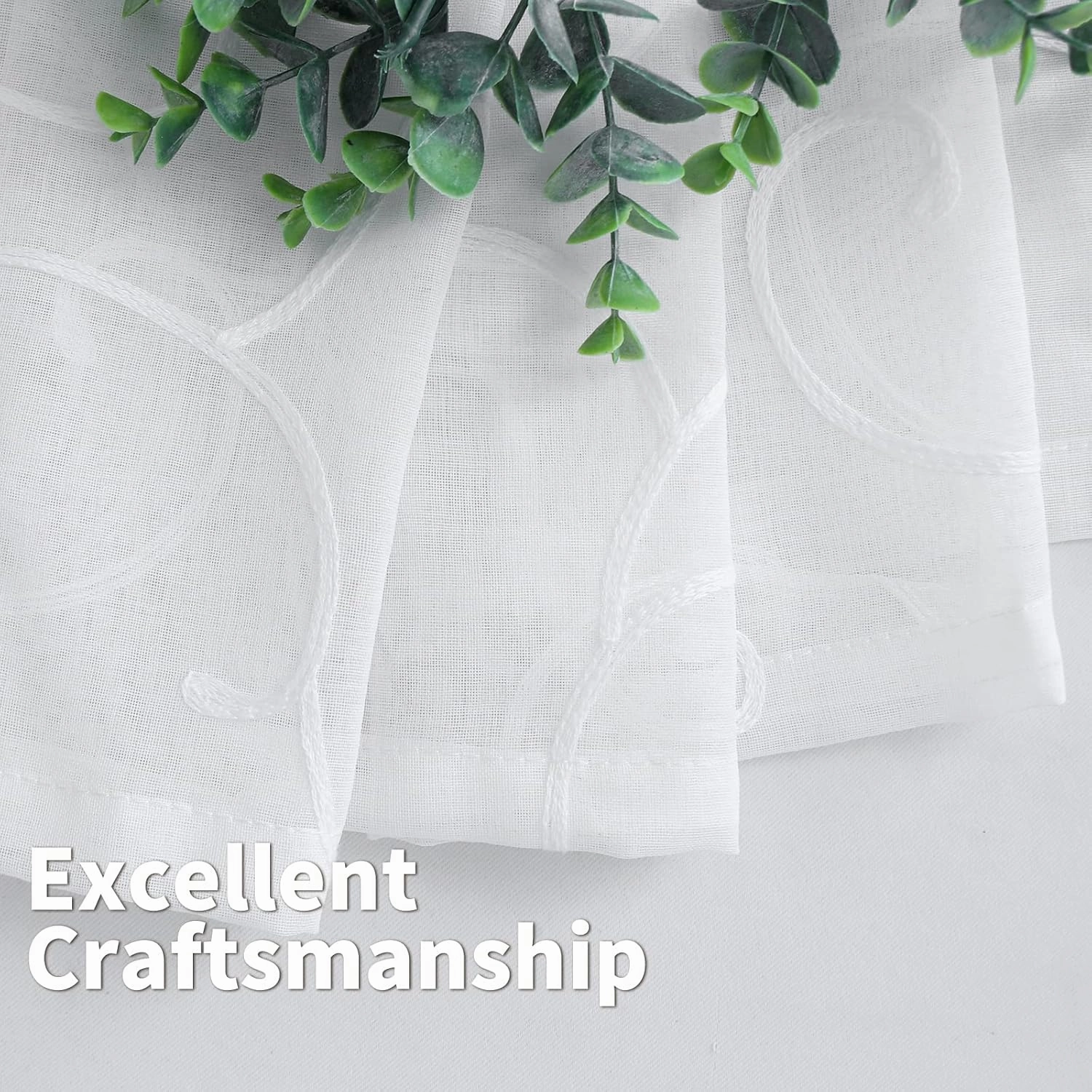 BGment White Sheer Curtains 84 inches Long for Living Room 2 Panels, Embroidered Vine Pattern Light Filtering Linen Textured Grommet Window Semi Sheer Voile Drapes, Each Panel 52 x 84 Inch