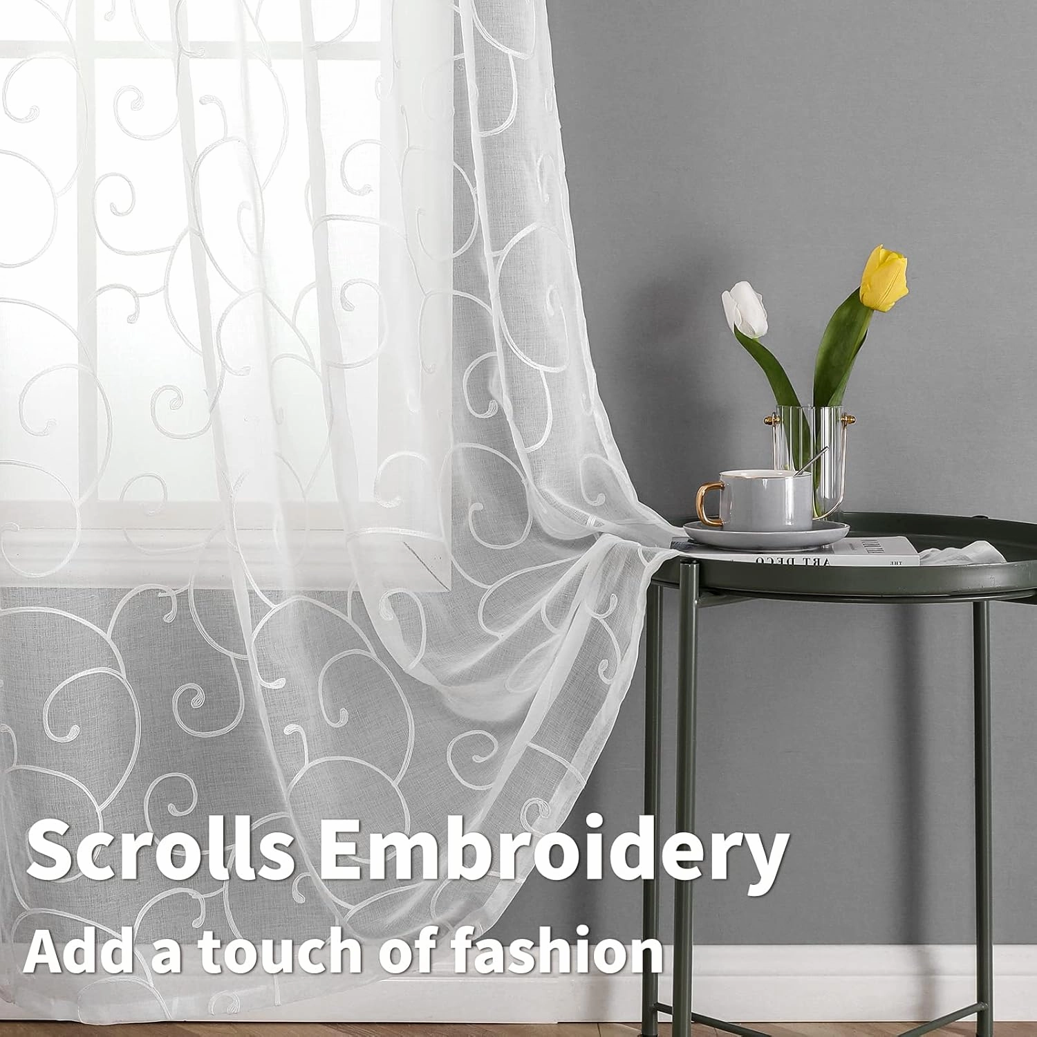 BGment White Sheer Curtains 84 inches Long for Living Room 2 Panels, Embroidered Vine Pattern Light Filtering Linen Textured Grommet Window Semi Sheer Voile Drapes, Each Panel 52 x 84 Inch